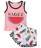 Tシャツ 上下2セット 女の子 赤ちゃん スイカプリント ラウンドネック スリーブなし ベストTシャツトップ + スイカ パイナップルプリント フリンジドショーツ 子供服 （6〜24ヶ月2〜4歳） (