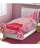 4 Piece女の子ピンクペッパピッグ" Tweet Tweet Oink "幼児用寝具セット、イエローレッドフローラルPiggy Animated Cartoon文字パターン、点線バタフライデザイン