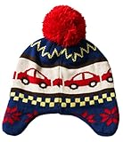 EOZY 可愛い ベビーハット ニット帽子 子供用 新生児 車図案 赤ちゃんキャップ キッズポンポン帽子 耳あて 秋冬防寒 カジュアル 女の子 男の子 ネイビー S