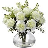 Nearly Natural 1366-WH Rose and Maiden Hair Arrangement with Vase, White [並行輸入品]
