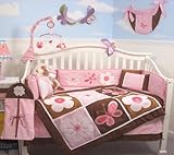 SoHo Pink and Brown Floral Garden Baby Crib Nursery Bedding Set 13 pcs included Diaper Bag with Chan