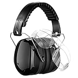 Patech 防音イヤーマフ ヘッドホン 保護メガネ（2個付き）3点セット 遮音値34dB 騒音対策/聴覚保護/目を保護する 工場/航空関連/刈り払い/加工作業などに 収納袋付き (ブラック)