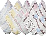 MIUSE　ガーゼハンカチ　６重ガーゼ　タオル　ベビーハンカチ　柔らかい　肌触り　子供　新生児ハンカチ　ループ付き　１００％綿５枚セット (グループ２)