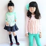 即納(韓国スタイル子供服) キッズトップス女の子Ｔシャツ長袖前可愛いレースデザイン　全２色100cm 110cm 120cm 130cm 140cm green,140