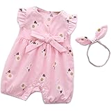 [えみり] 女の子 ロンパース 半袖 髪飾り付き 2点セット 子供服 赤ちゃん カバーオール 夏服 コットン 蝶結び 可愛い 薄手 通気 ヘアバンド付き おしゃれ プレゼント