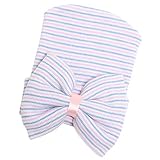 【ノーブランド品】 新生児　幼児　女の子　帽子　ストライプ　ビーニー　ハット　蝶結び　ギフト　全5色 - 紫＆青