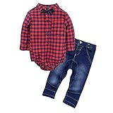 (ビッグエレファント) Big Elephant 2点セット男の子長袖赤色チェック柄シャツとデニムパンツのセット G24 (90)