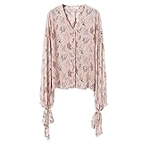 [XINXIKEJI]ブラウス レディース 春秋 花柄 ｖネック フレア シフォン 長袖 シンプル きれいめ 体型カバー 普段着 通学 運動会 旅行 S-XL ピンク