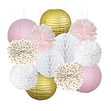 furuix 12pcsピンクゴールドパーティーデコレーションキットティッシュペーパーポンポン付きハニカムボールとPaper Lantern for Girls 'ベビーシャワー誕生日ウェディング装飾