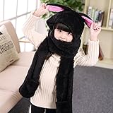 子供用　ウサギデザイン　かわいい　多機能　帽子　マフラー　手袋　耳覆い機能　スカーフ　グローブ　ふわふわ　防寒対策　キッズ　女の子対応　ワンピース (ブラック)