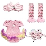 (フィーショー)FEESHOW　ベビーちゃん　新生児　カワイイ半袖ワンピース　チュチュスカート　ベビー服 ベビーちゃんワンピース風ロンパース　オシャレガール　0-9ヶ月　４点セット退院　出産祝い　お出
