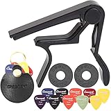 Crescent カポタスト アコギ エレキ カポ ギター ピック 10枚 取付け簡単カポタスト4点セット ピックケース (ピックケース（ブラック）)