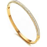 JewelryLand Rose Gold/Gold/Silver Titanium Stainless Steel Pave Cubic Zironia Simulate Diamond Stackable Oval Hinged Bangle B
