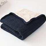 CottonTexコットンニットブランケット裏地シェルパ裏地のスーパーソフト暖かいカバーベッドソファCounch、47 x 70 cm 47x70inch (120x180cm) ブルー BAWWM1