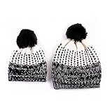 Ligangam 親子ニット帽子 コットン キッズ/大人用 2点セット シンプル 暖かい 毛玉付き 秋冬 防寒 スタイリッシュ 毛糸 5色入り　　 (ブラック)
