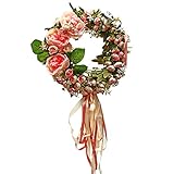 elegantstunning ウェディング/パーティーローズ花輪　円形　ピンク　リボン付き　壁掛 インテリア花　新婚部屋装飾 バレンタインデー　ホワイトデー　プロポーズ 記念日 誕生日