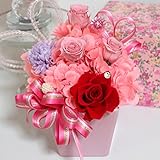 プレミアム高級リボン付き盛りたくさん純粋100％プリザーブドフラワー　スワロフスキーとリボンと高級クリアケースつき (ピンク高級リボン)