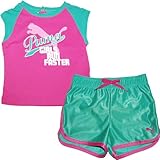 PUMA(プーマ)女の子用ピンク&緑GIRLS RUN FASTERきらきらラメフレンチスリーブシャツ上下2点セット 3-6months 3ヶ月-6ヶ月用　60cm-70cm セットアップ,ショートパ