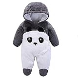 ベビーカバーオール　冬 新生児　赤ちゃん　ベビー服　ロンパース　防寒着　着ぐるみ 前開き　フード付き 出産祝い　ふわふわ　長袖 男の子 女の子　（パンダ ブラック） 0-3ヶ月　3-6ヶ月　6-9ヶ月