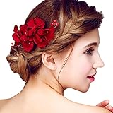 YAZILIND エレガントヘッドドレスブライダルヘアピン花赤ビーズ結婚式ヘアアクセサリーパー...