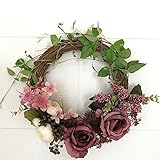 Adeeing 12 Inches Floral Artificial Rose Green Leaves Flower Rattan Wreath Door Hanging Wall Window 