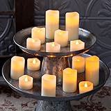 Set of 15 Warm White LED Flameless Melted Edge Ivory Wax Votives with Timers (Extra Batteries Includ