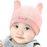 Yangelo ニット帽 smile 可愛い　帽子　耳付き ベビー 防寒 防風 赤ちゃん キッズ 帽子　英字 男の子 女の子 男女児　保温 春 秋 冬 size フリーサイズ (ピンク)