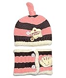 子供用ニット帽＋マフラー・ボタン付きネックウォーマー・ニットキャップ・キッズ・ベビー・子ども・男の子・女の子・男女兼用・幼児・Kids F ピンク＋ブラウン