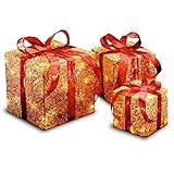 National Tree Assorted Gold Sisal Gift Boxes with Clear Lights, Set of 3 (MZGB-ASST-1L-1) [並行輸入品]