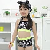 【韓国子供服】【100cm】【110cm】星柄 蛍光色 セパレーツ 水着 帽子付(ブラック) 100cm/110cm/120cm (110(7))