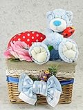 おむつケーキ　バスケット　Sassy サッシーベビーケアセット＆ブルーベアー（パンパースSサイズ）