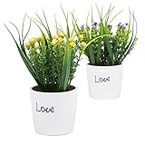 Set of 2パープル&イエロー人工花、人工の植物セラミックホワイトポット