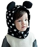C-Princessかわいい ベビー用 帽子 キャップ フード ネックウォーマー キッズ 赤ちゃん 子供用 あったか 防寒 ドット柄 耳付き (Aブラック)