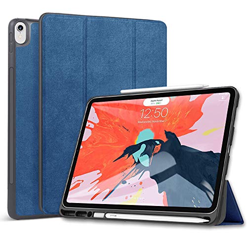 Wonzir 新しい iPad Pro 12.9 ケース (2018モデル) Apple Pencil 収納可能 Apple Pencil 2代にワイヤレス充電対応 スタンド機能 iPad Pro 12.9 インチ (2018新型) 保護カバー 軽量 薄型 シンプル 三つ折タイプ 全面保護型 傷つけ防止 iPad pro 12.9手帳型 ケース PU 便利なペンホルダー付き (ipad pro 12.9 (2018 新モデル), ブルー)