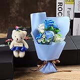 MINENA ソープフラワー 石鹸 花 バﾗ 花束 可愛い熊付き 香り付き ギフト プレゼント 父の日 誕生日 女性 (ブルー2)