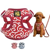 JOYFUSION ハーネス 犬 唐草模様の犬用ハーネス・リードセット、福字入り胸当て式で、抜けないハーネス構造採用、小型犬～大型犬対応の犬 胴輪 レッド L(4.5-6.5kg)
