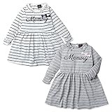 (オフホワイト/90cm)ベビー服 女の子 ワンピース 長袖 Dolly Ribbon ドーリーリボン ボーダー柄 襟フリル リボン ロゴプリント 女児 ベビー