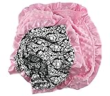 Onyx Arrow Baby Blanket, Black White Damask Cotton Print, Light Pink Minky Dot, Satin Ruffle Trim, M