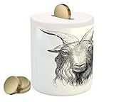 QuirkyコインボックスBank by lunarable、Goat Man Resemblanceヴィンテージ図面Ruminant Ethnology Historic古代パターン、印刷セラミック