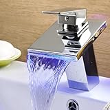 Ouku ®デッキマウントステンレススチールバスルームシンク蛇口現代Thermochromicマルチカラー滝LED Widespread注ぎ口セラミックバルブ水フローPoweredバスシャワー洗面浴槽