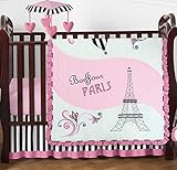 Pink Black and White Stripe Paris Baby Girl Bedding 4 Piece French Eifell Tower Crib Set Without Bum