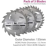 3パック135 mm x 12.7 MM TCT円形Saw blades- 16,24,30歯 – 10 mmリング