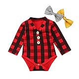 ベビー 幼児 女の子 ボーイズ チェック柄 コットン ロンパース シャツ ボディスーツ 2本のリトル蝶ネクタイ (80cm(6ヶ月~12ヶ月), レッド)
