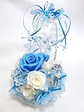 【プリザーブドフラワー／ガラスの靴リングピロー】水色と白い薔薇とリボンやビーズをガラスの靴にいっぱい飾って【リボンラッピング付き送料無料】