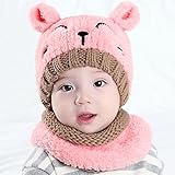 Honel ベビー キッズ 暖かい イヤーマフ 笑顔クマ 耳付き 帽子 スカーフ 2点セット 帽子+スカーフ ピンク