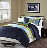Modern Teen Bedding Boys Kids 3 Piece Comforter Set Navy Blue Teal Light Green Stripes Perfect for H