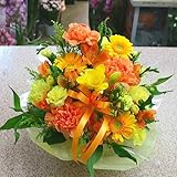 フラワーアレンジメント 黄色オレンジ系の花とかすみ草 誕生日プレゼントや退職・昇進などお祝い花ギフトに 【商品画像配信付】