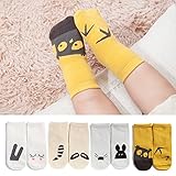 【送料無料】四季通用 100%綿 キッズ ソックス ベビー 幼児 用 靴下 4足セット 可愛い 動物 キャラクター 女の子 男の子 滑り止め付き (イエロー)