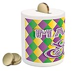 Mardi GrasコインボックスBank by Ambesonne、Stylized Mardi Gras Lettering on Classicalダイヤモンドライン、プリント背景セラミックコイ