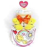 a16 おむつケーキ２段　男女共用スマイルフェイスのスタイ＆ベビーソックス　キャラクター　男の子女の子　オムツケーキ出産祝い